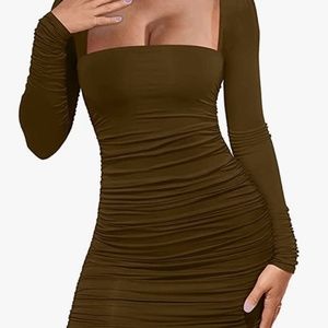 Long Sleeve Brown Backless Bodycon Dress